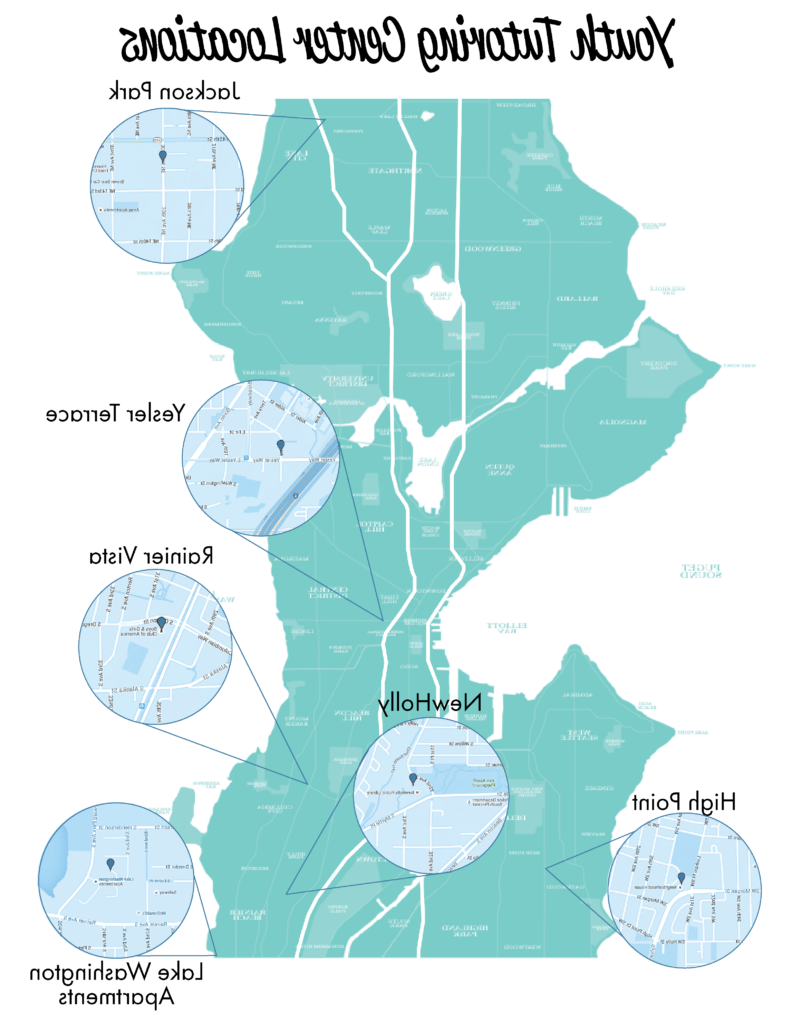 Map of tutor center locations: Jackson Park, Yesler Terrace, Rainier Vista, New Holly, Lake Washington Apartments, High Point